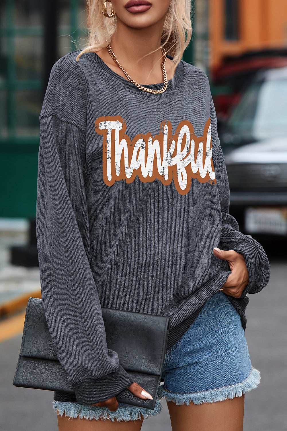 Gray Thankful Drop Shoulder Corded Graphic Thanksgiving Sweatshirt