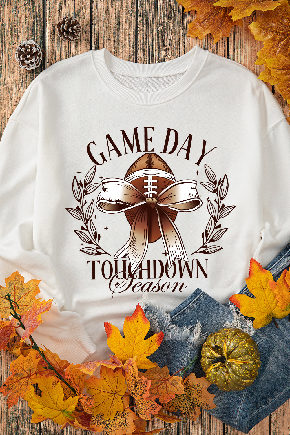 Beige GAME DAY Bowknot Rugby Graphic Sweatshirt