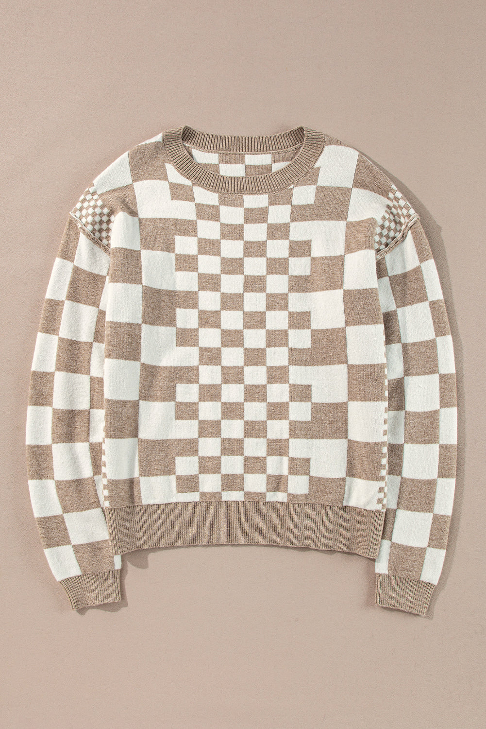 Khaki Checkered Drop Shoulder Round Neck Sweater