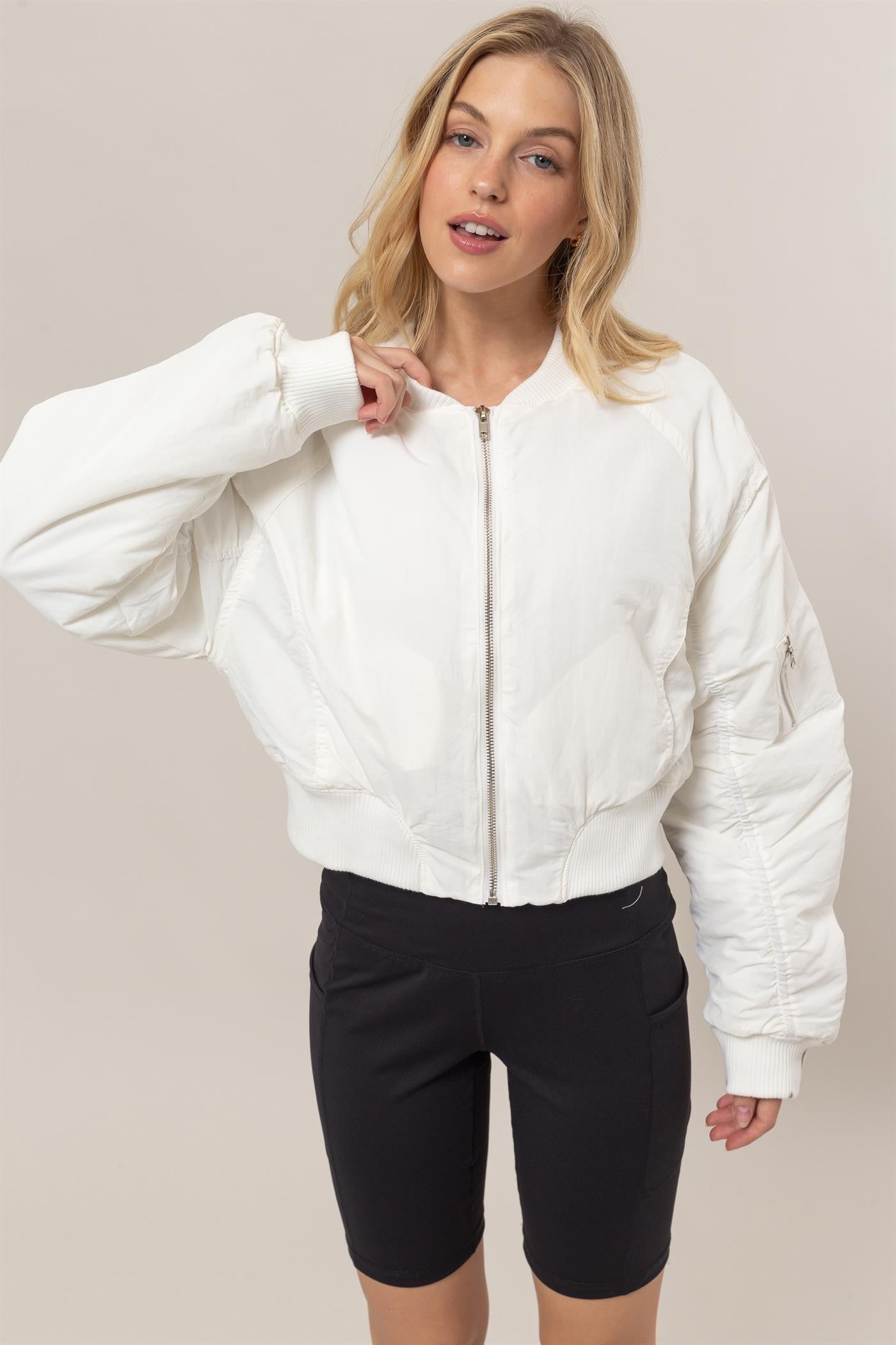 Ruched Bomber Puffer Jacket
